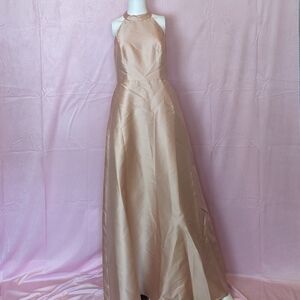 Alfred Sung Sateen Twill Halter Neckline Bridesmaid Dress in Toasted Sugar